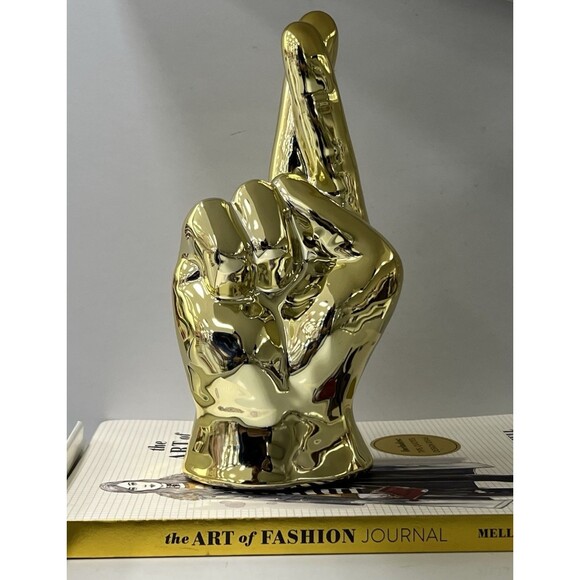 Ceramic FINGERS CROSSED Statue Decorative Figurine Gold Good Luck Home Decor - Picture 9 of 10